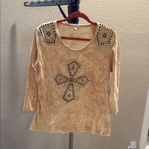 Reba gold with studded bling cross 3/4 Sleeve Blouse. Size Large